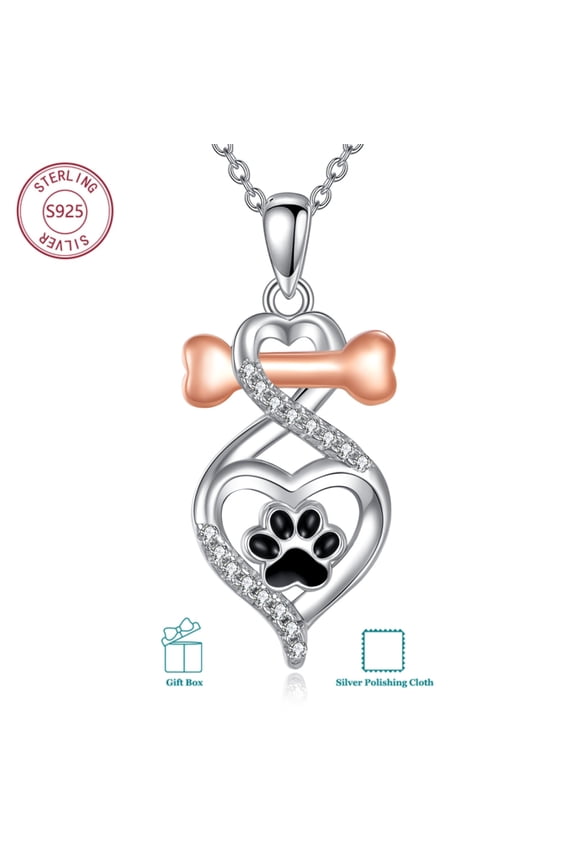 Paw Print Necklace 925 Sterling Silver Bone Love Heart Dog Paw Print Pendant Necklace Animal Jewelry for Women Dog Owner