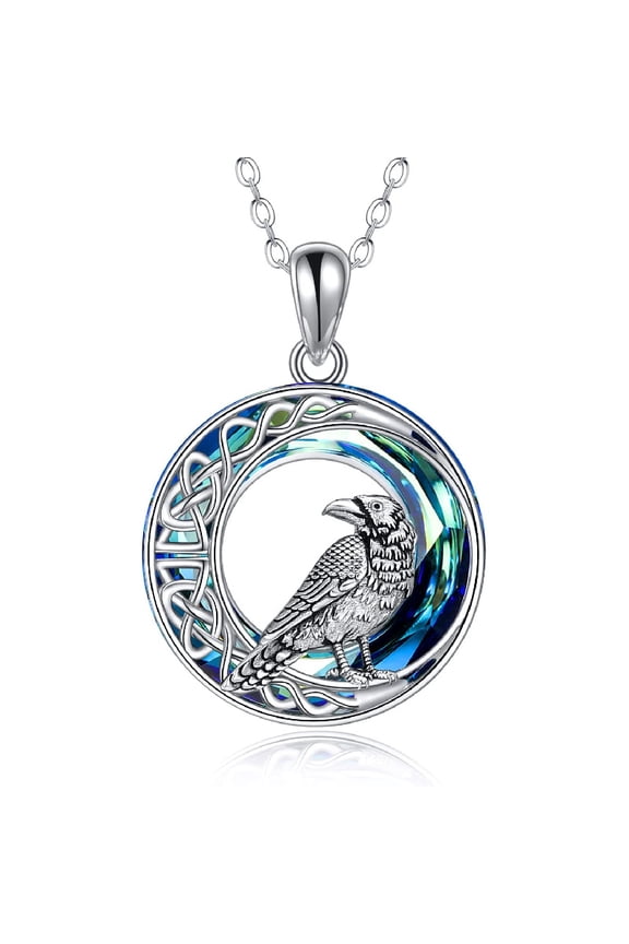 Raven Necklace 925 Sterling Silver Celtic Knot Moon Crow Raven Pendant Necklace Gothic Viking Animal Lover Jewelry Gifts for Women Men