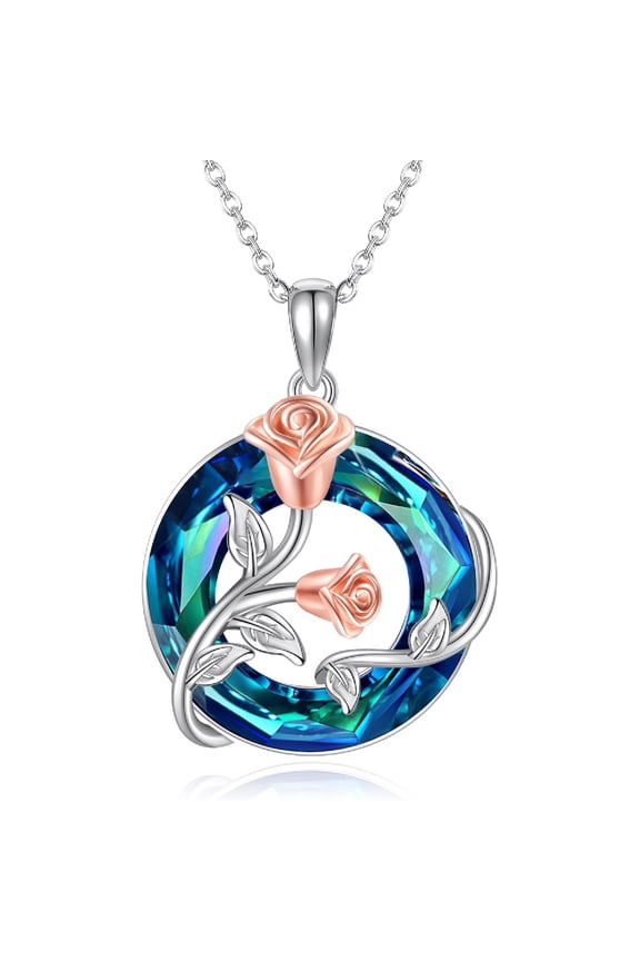 Rose Flower Necklace 925 Sterling Silver Rose Pendant with Circle Crystal June Birth Flower Necklace Jewelry Gifts for Women Mom