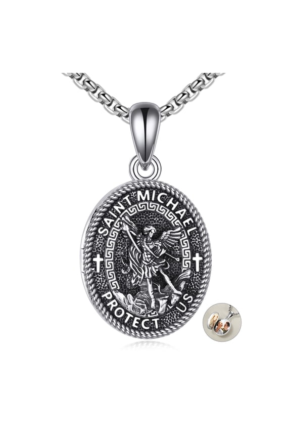 Saint Michael Locket Necklace Sterling Silver St Michael Locket Necklace That Holds Pictures Religious Protector Jewelry Gifts for Women Men