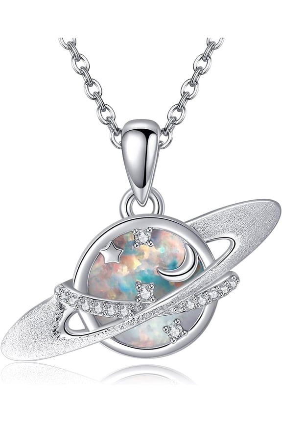 Saturn Necklace 925 Sterling Silver Planet Opal Pendant Necklace Moon Star Saturn Necklaces for Women Anniversary Jewelry Gift
