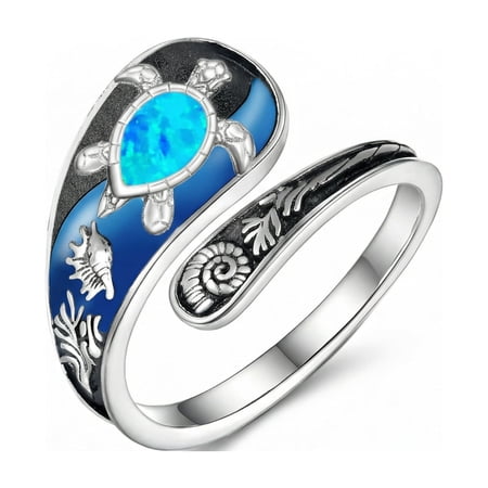 XATENJE Sea Turtle Spoon Rings 925 Sterling Silver Turtle Opal Adjustable Thumb Promise Engagement Statement Boho Vintage Finger Open Antique Rings Ocean Jewelry for Women