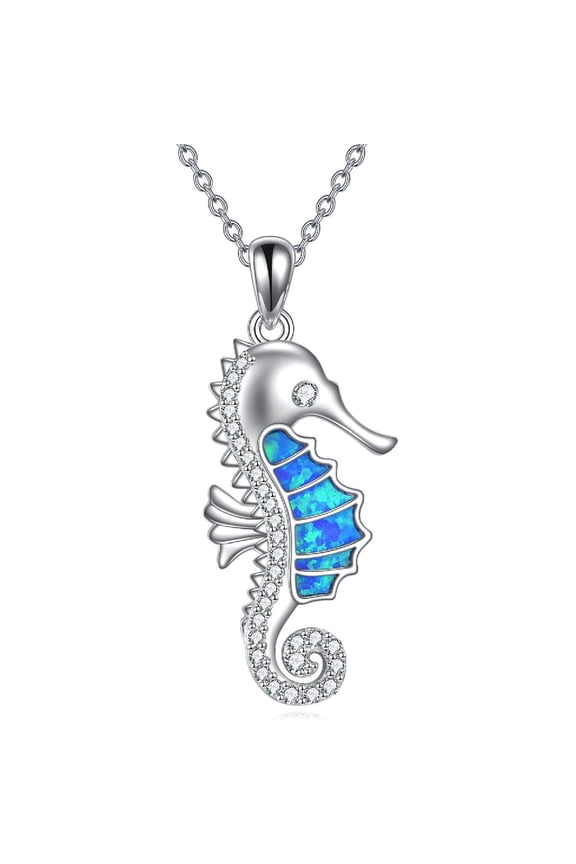 Seahorse Necklace 925 Sterling Silver Blue Opal Seahorse Pendant Necklace Ocean Animal Jewelry Gifts for Women