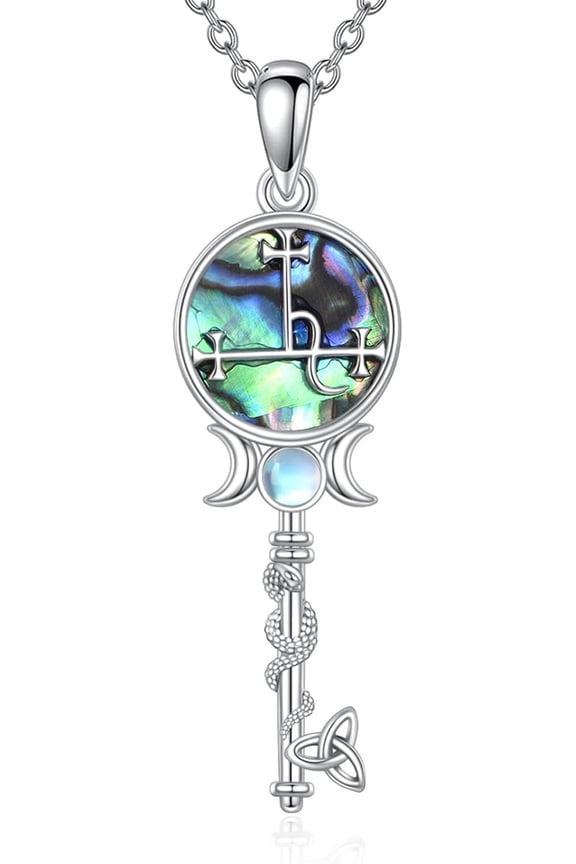 Sigil Of Lilith Necklace 925 Sterling Silver Moonstone Triple Moon Goddess Key Pendant Lilith Snake Wiccan Jewelry for Women