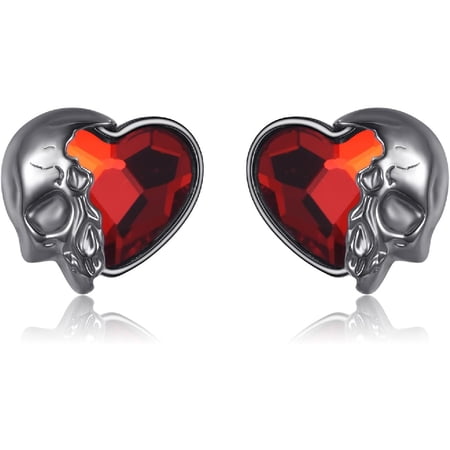 XATENJE Skull Stud Earrings for Women 925 Sterling Silver Red Heart Earrings Goth Jewelry Gift