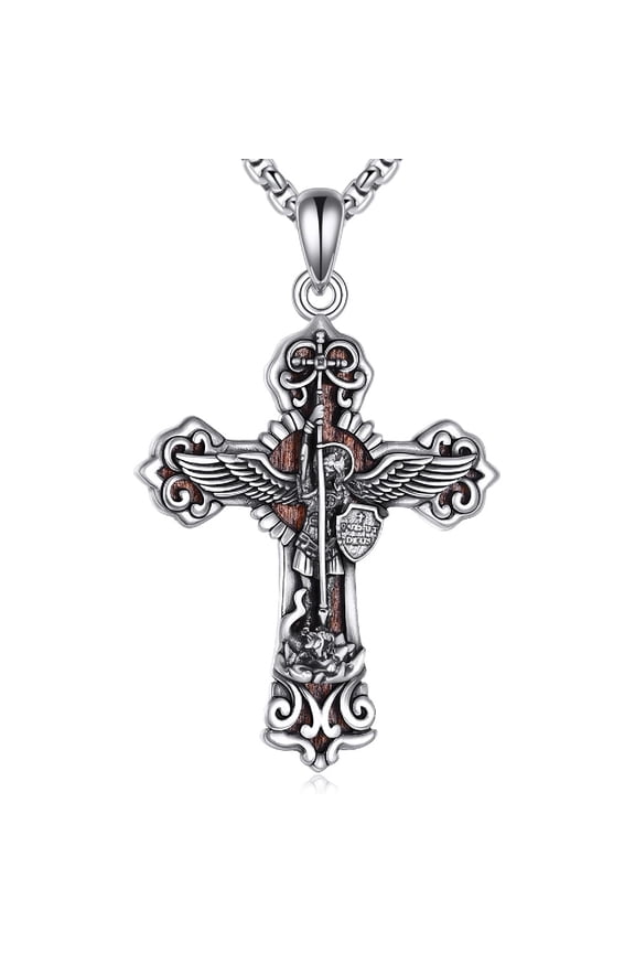 St Michael Cross Necklace S925 Sterling Silver Saint Michael Pendant Archangel Michael Wood Necklaces Religious Jewelry Gift For Men Women