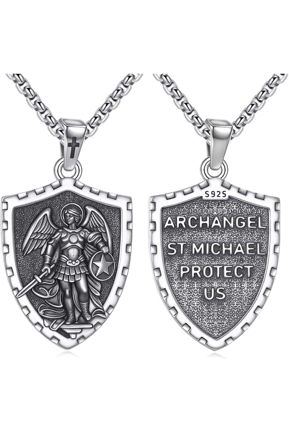 St Michael Medal Necklace Sterling Silver Saint Michael The Archangel Raphael Pendant Religious Jewelry for Women Men with 24" Round Box Chain