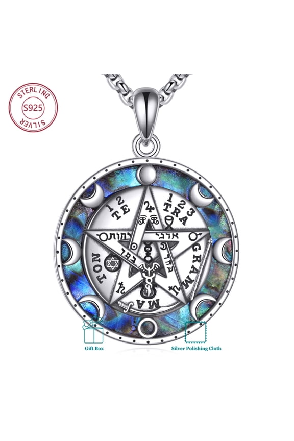 Tetragrammaton Necklace 925 Sterling Silver Tetragrammaton Abalone Shell Pentagram Pendant Necklace Wiccan Protection Amulet Pagan Jewelry for Women Men