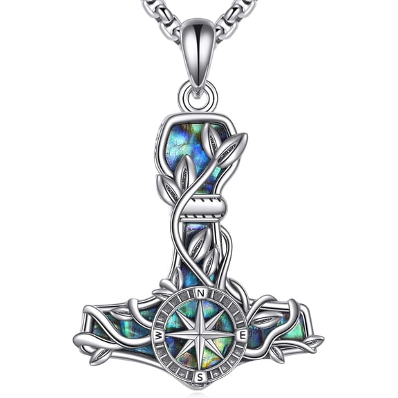 XATENJE Thors Hammer Compass Necklace Sterling Silver Mjolnir Compass Pendant Vegvisir Viking Jewelry for Women Men
