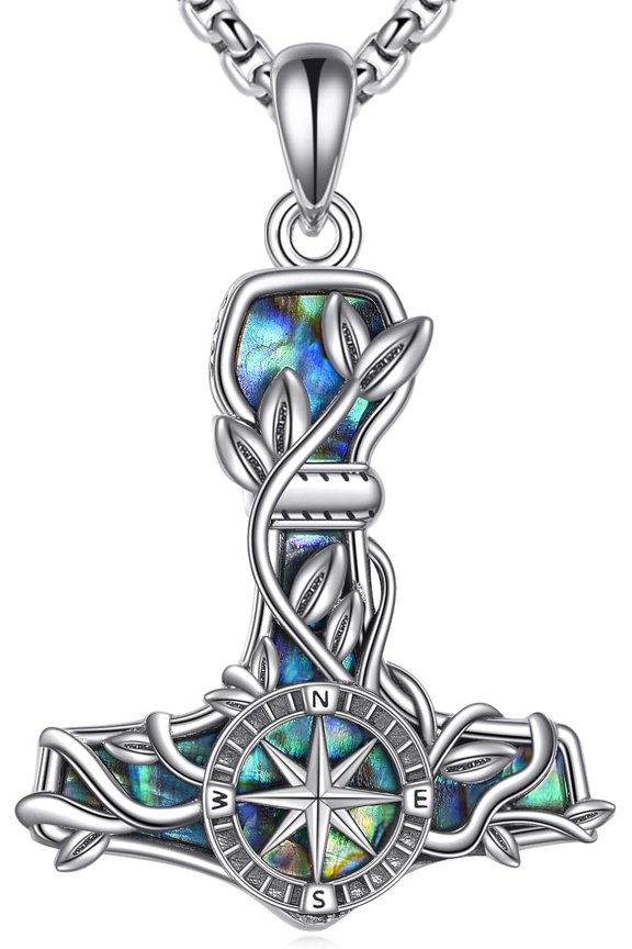 Thors Hammer Compass Necklace Sterling Silver Mjolnir Compass Pendant Vegvisir Viking Jewelry for Women Men