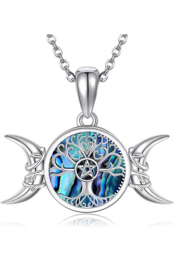 Triple Moon Goddess Necklace 925 Sterling Silver Pentagram Pentacle Pendant Tree of Life Jewelry for Women