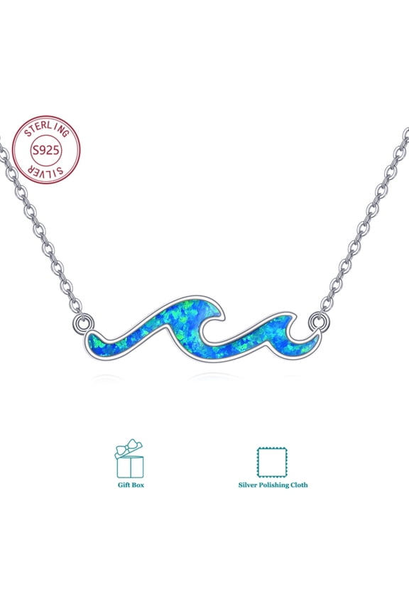 Wave Necklace 925 Sterling Silver Ocean Opal Pendant Necklace Beach Jewelry for Women Surfer