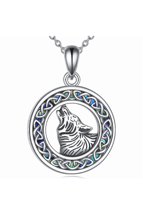 Wolf Neckalce 925 Sterling Silver Celtic Knot Neckalce Wolf Pendant with Abalone Animal Jewelry Gift for Women Men