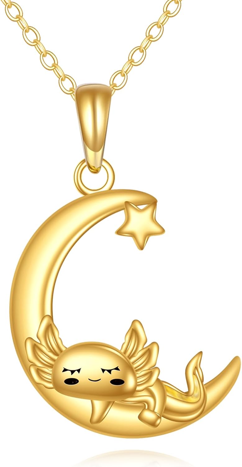 XATENJE14K Solid Gold Axolotls Necklace Moon Axolotl Pendant Necklace Axolotl Jewelry Gifts for Women
