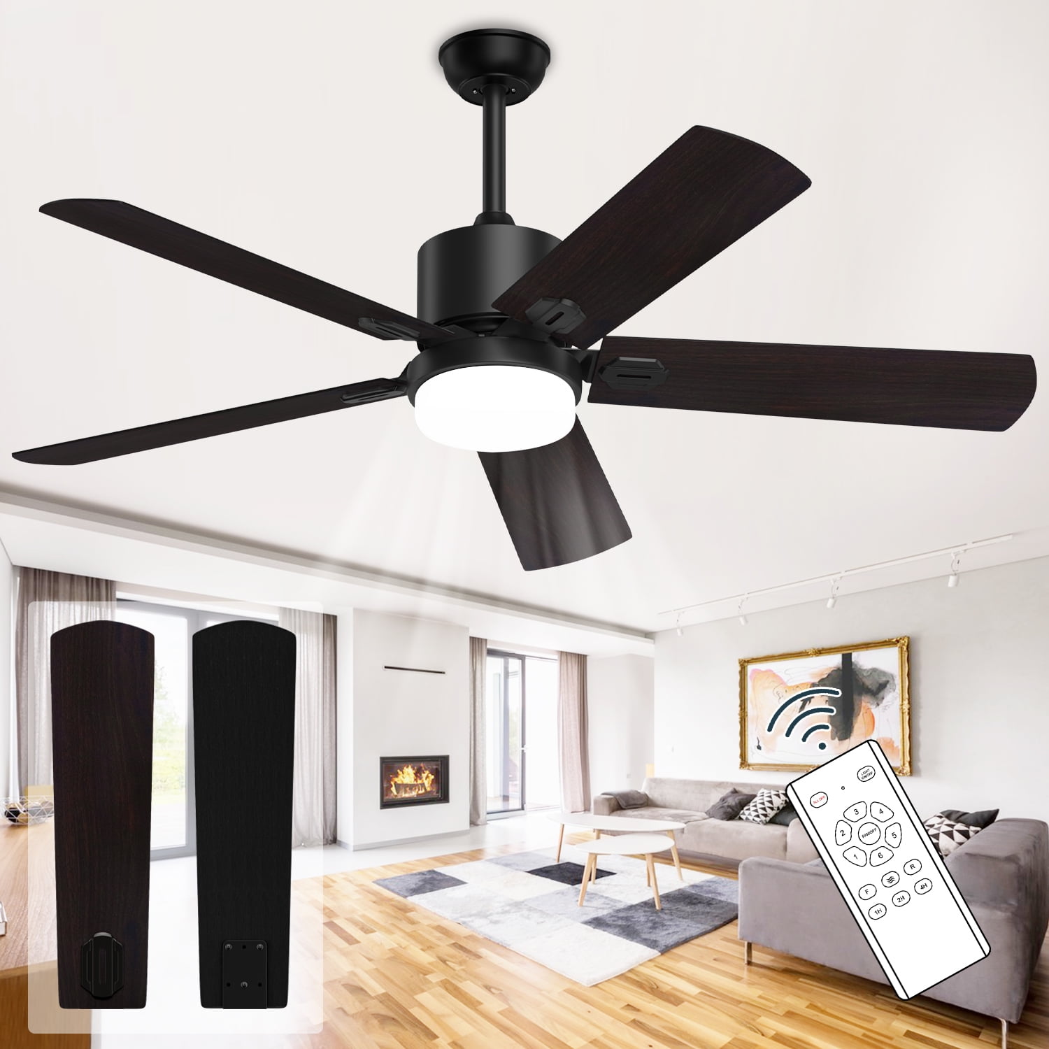 XAUJIX 52 inch Black Ceiling Fans with Lights, Remote, 6Speed DC Motor