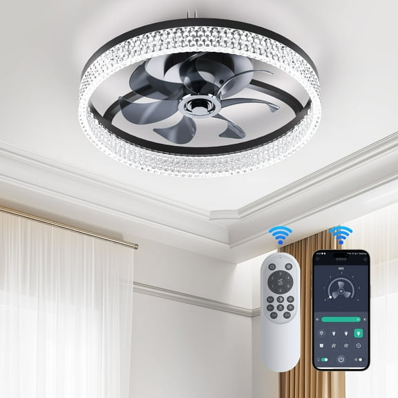XAUJIX Ceiling Fan with Light and Remote, 20" Dimmable Low Profile Ceiling Fan, 6 Speeds Fan Light, Bladeless Modern Smart Ceiling Fans with Lights for Bedroom