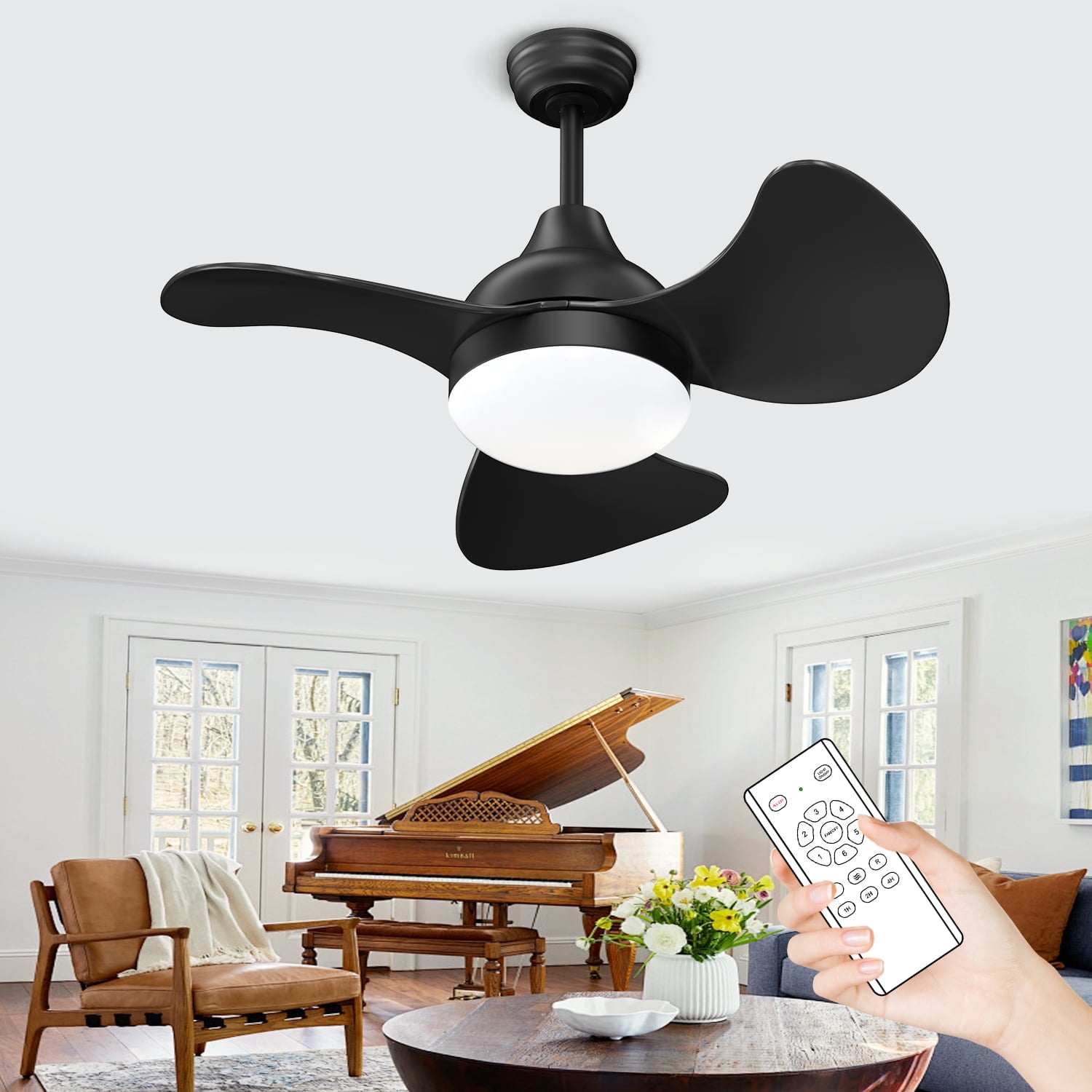 XAUJIX Ceiling Fan with Light and Remote Control, 22 inch Small Ceiling Fan, 6 Speeds Quiet Reversible DC Motor, Black Ceiling Fans for Kitchen Bedroom Small Space