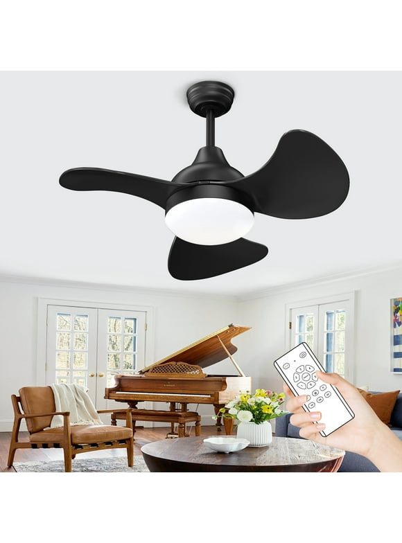 XAUJIX Ceiling Fan with Light and Remote Control, 22 inch Small Ceiling Fan, 6 Speeds Quiet Reversible DC Motor, Black Ceiling Fans for Kitchen Bedroom Small Space