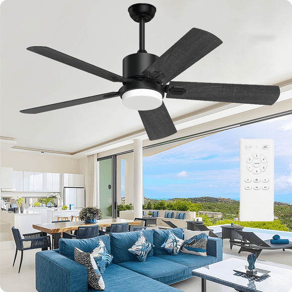 XAUJIX Ceiling Fan with Light and Remote Control, 52'' Black Ceiling Fan with Light, 6-Speed Reversible DC Motor, 5 Wood Fan Blades