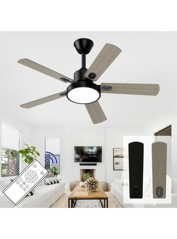 XAUJIX Ceiling Fan with Light and Remote Control, Modern Flush Mount Ceiling Fan 52 '' 6-Speed Reversible DC Motor 5 Wood Fan Blades Yellow and Black