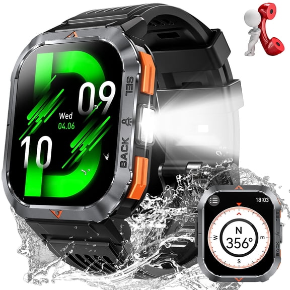XAXRE 3ATM Waterproof Smartwatch for Men, with Flashlight, 2.02'' Big Screen Fitness Tracker, with Compass 400mAh Battery Watch for iOS Android