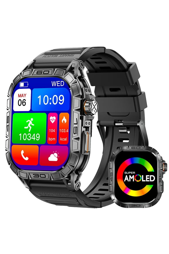 AMOLED Smart Watch for Men, with Compass 1.96" Screen Sports Watch, with 100+ Sports Modes Outdoor Smartwatch, for iPhone Android Phone