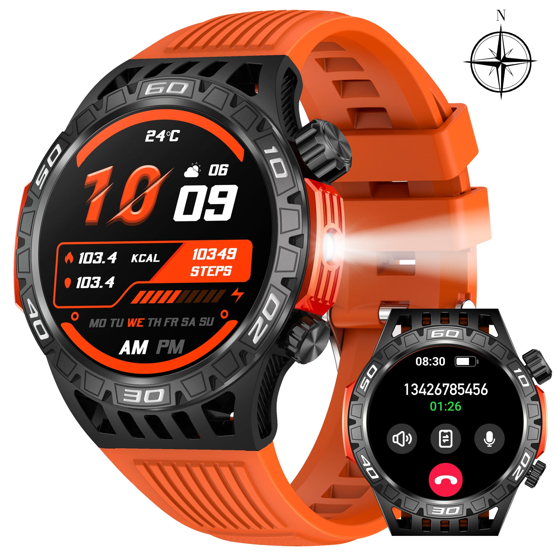 XAXRE HT22 Smart Watch for Men with LED Flashlight (Answer/Dial Calls), Compass, 100+ Sports Modes, Rugged Smartwatch Compatible with iOS Android, 1pc