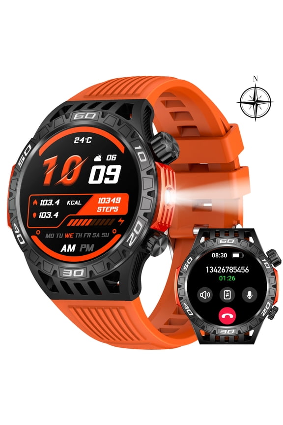 HT22 Smart Watch for Men with LED Flashlight (Answer/Dial Calls), Compass, 100+ Sports Modes, Rugged Smartwatch Compatible with iOS Android, 1pc