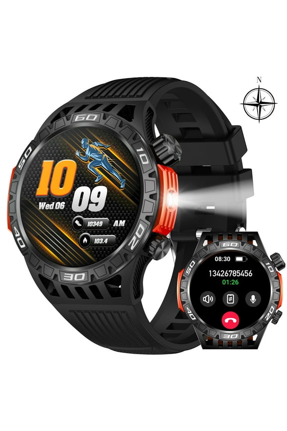 HT22 Smart Watch for Men with LED Flashlight (Answer/Dial Calls), Compass, 100+ Sports Modes, Rugged Smartwatch Compatible with iOS Android, 1pc