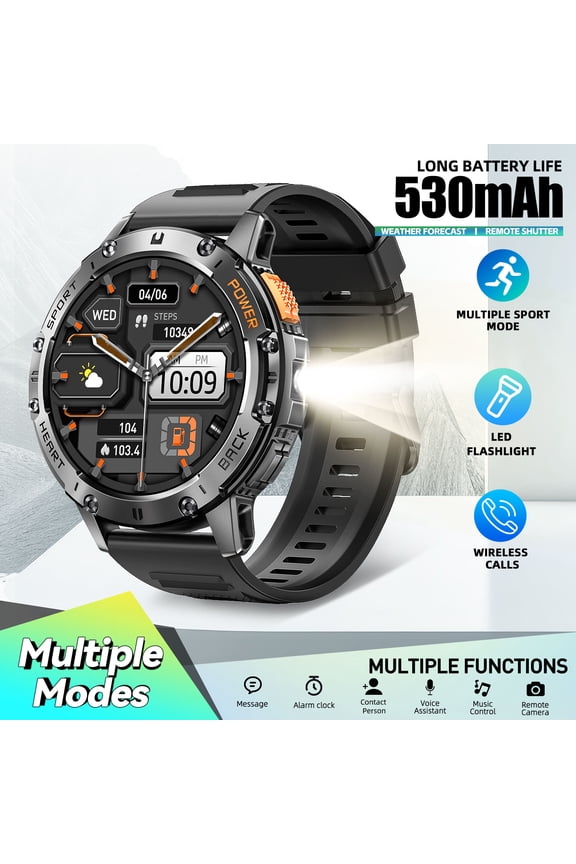 K65 Smart Watch for Man with LED Flashlight, 1.43’’ AMOLED Screen Smartwatch with Wireless Talk, 530mAH Ultra-long Battery Life Watch with Multiple Sport Modes Compatible with Android iOS, 1pc