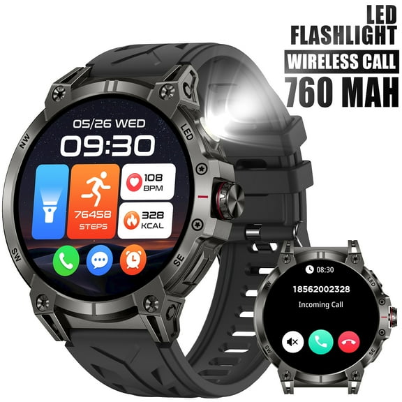 XAXRE KC89 Smart Watch for Men(Answer/Dial Calls)with LED Flashlight 760mAh Battery 100+ Sports Modes Sport Watch 1.85'' HD Smartwatches for iOS Android, 1pc