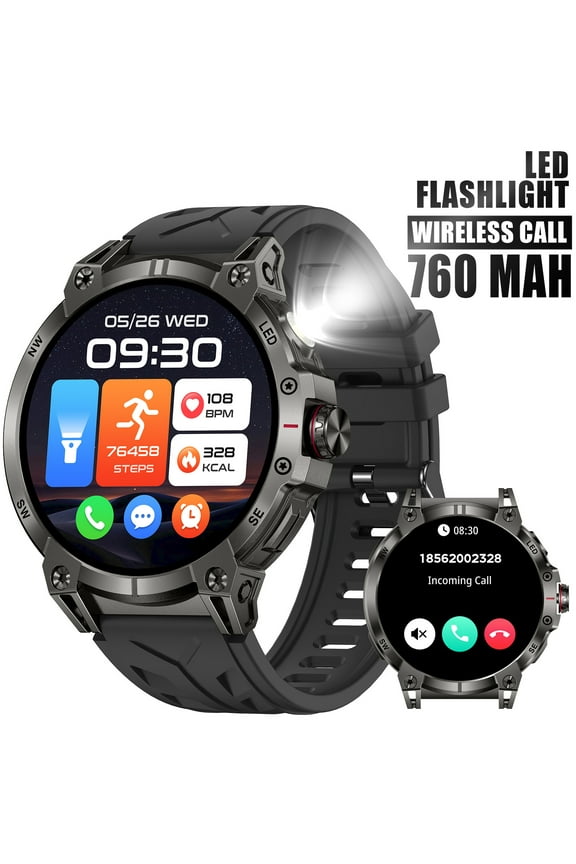 KC89 Smart Watch for Men(Answer/Dial Calls)with LED Flashlight 760mAh Battery 100+ Sports Modes Sport Watch 1.85'' HD Smartwatches for iOS Android, 1pc
