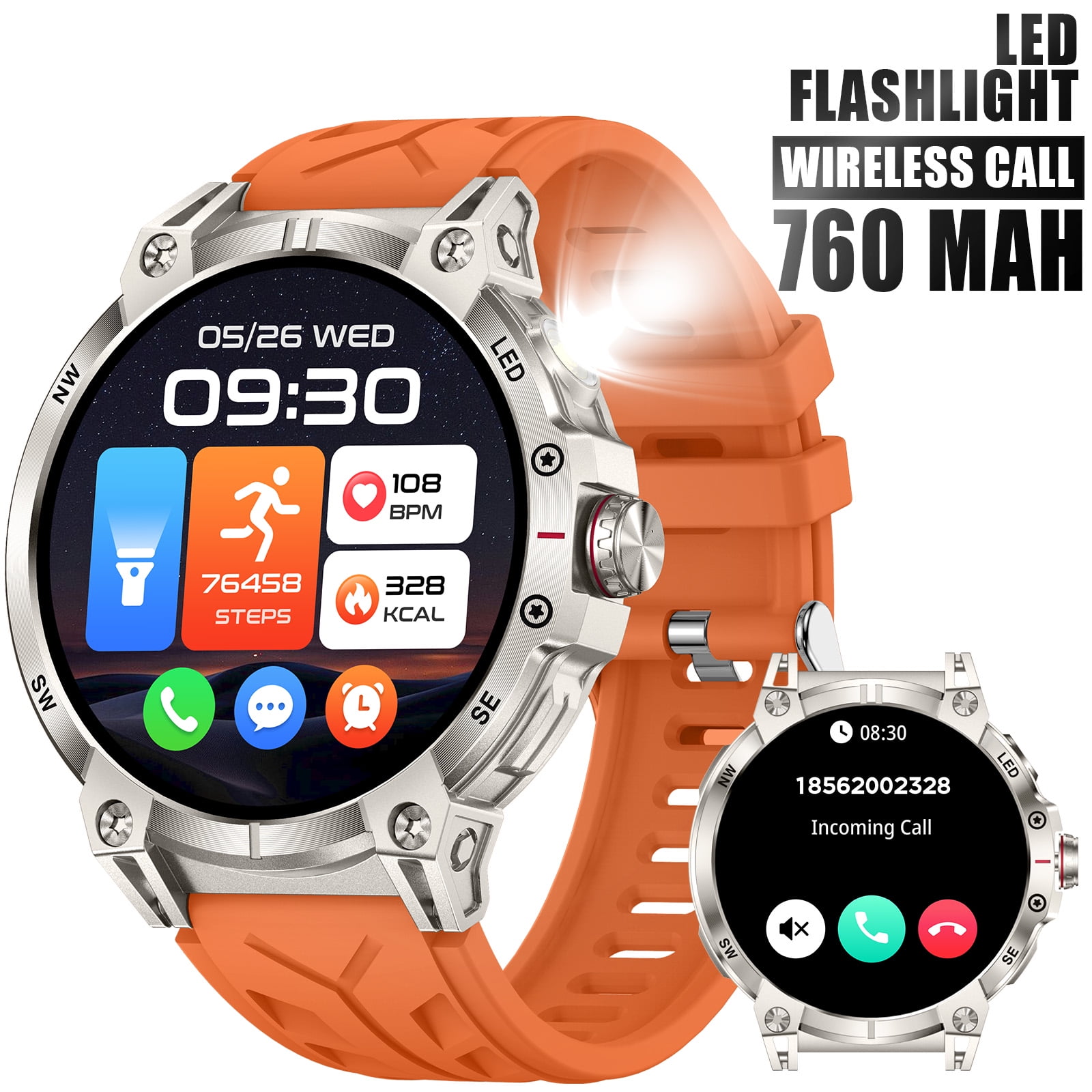 XAXRE KC89 Smart Watch for Men(Answer/Dial Calls)with LED Flashlight 760mAh Battery 100+ Sports Modes Sport Watch 1.85” HD Smartwatches for iOS Android, 1pc