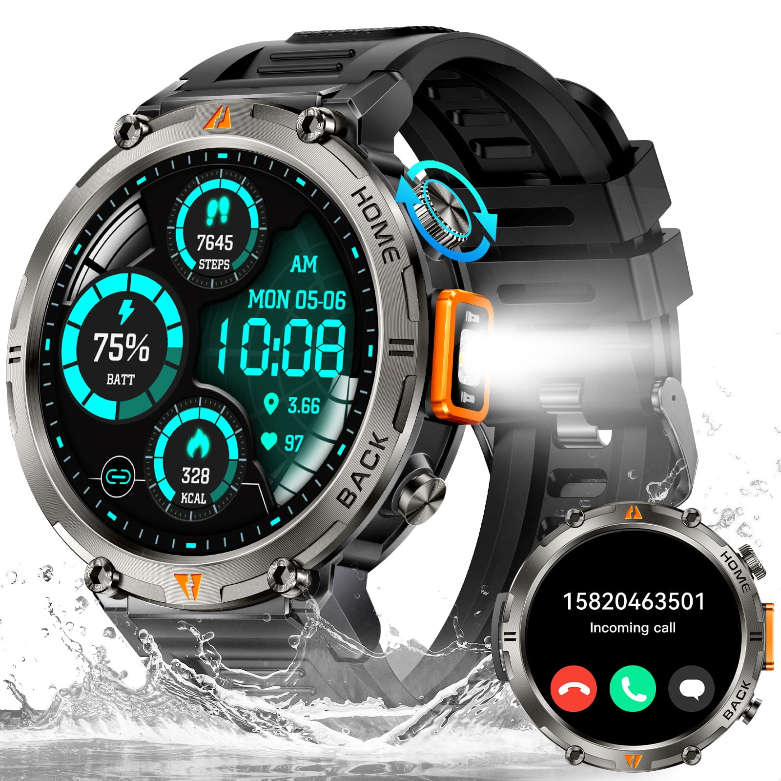 XAXRE KE3Pro GPS Smart Watch for Men with, 3ATM Waterproof Watch 530mAh Smartwatch with Flashlight Compatible with Android iOS, 1pc