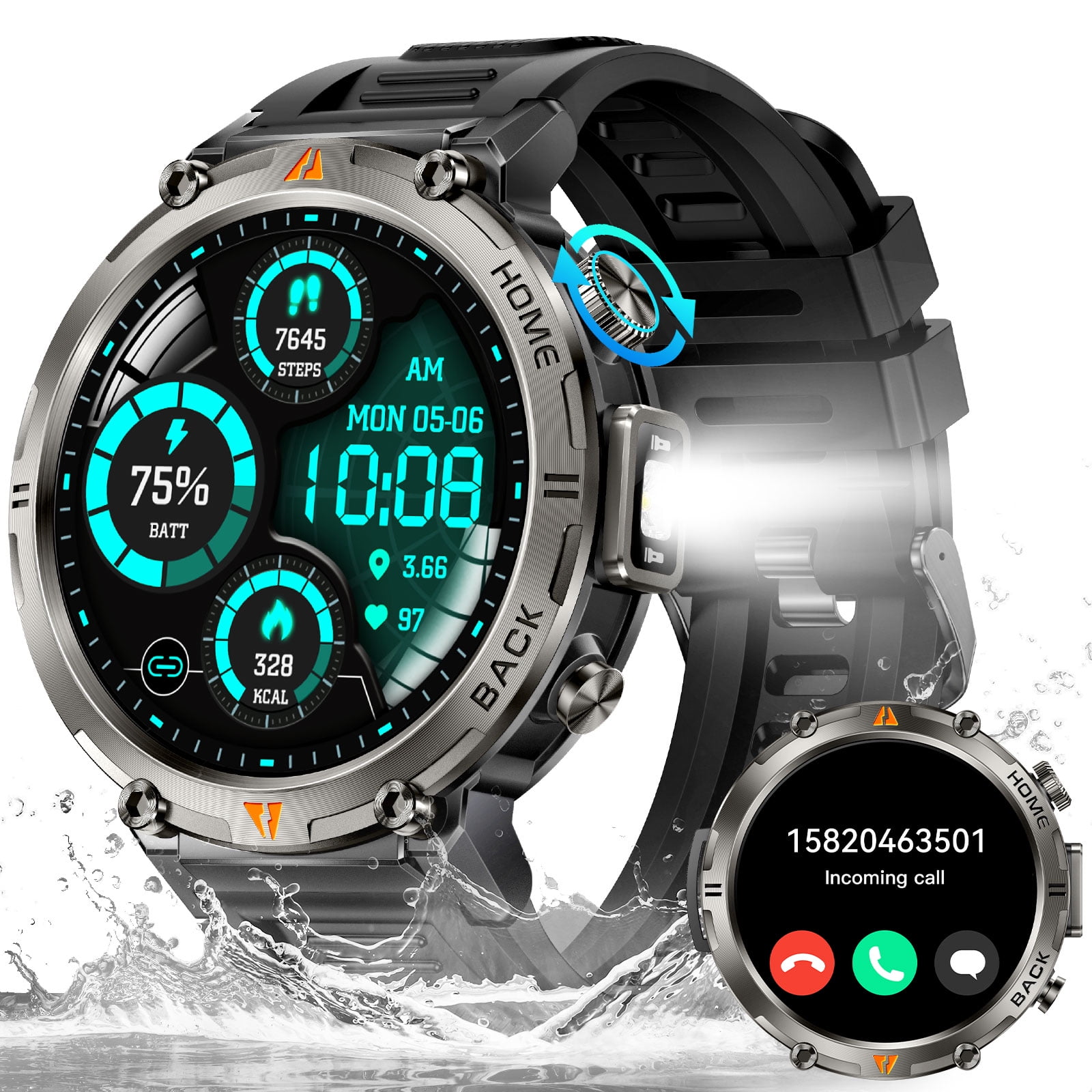 XAXRE KE3Pro GPS Smart Watch for Men with, 3ATM Waterproof Watch 530mAh Smartwatch with Flashlight Compatible with Android iOS, 1pc