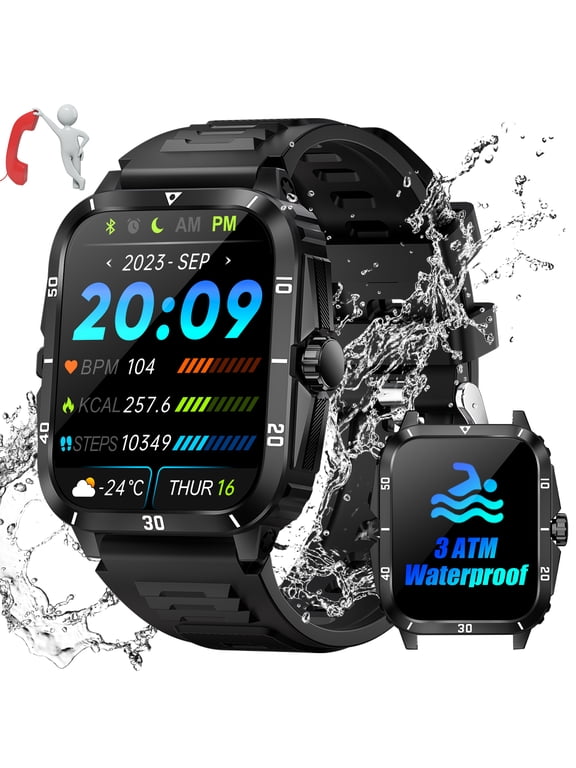 KT71 Smart Watches for Men (Call Receive/Dial), 3ATM Waterproof, 1.96" HD Large Screen Smartwatches, Rugged Smartwatch for Android iOS