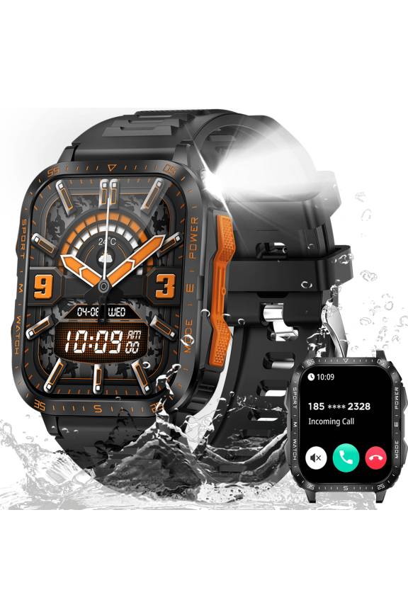 KT79 Smart Watch for Men with 1.96" Big Screen LED Flashlight/UV Light 3ATM Waterproof Rugged Smartwatch with Text and Call for iOS Android, 1pc