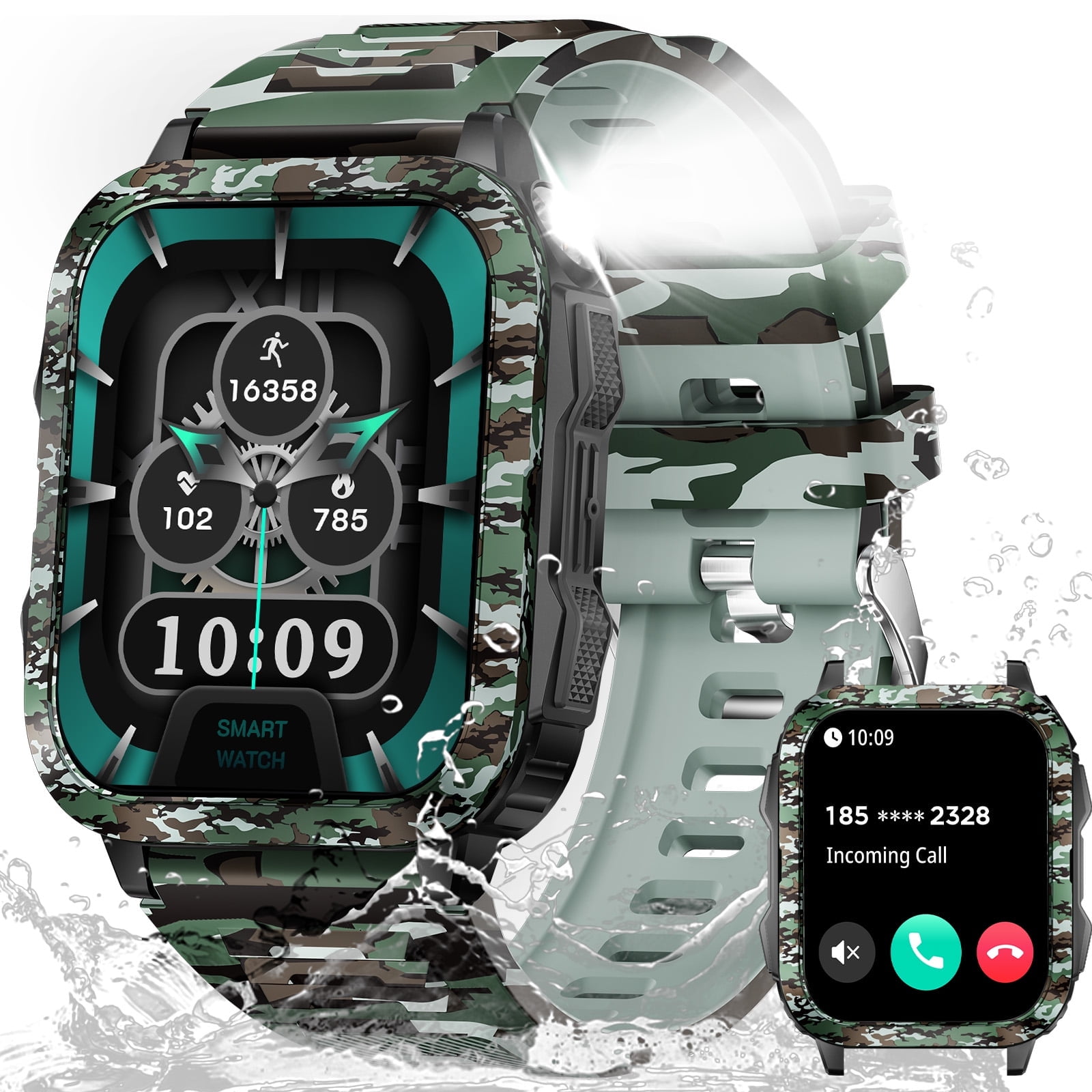 XAXRE KT79 Smart Watch for Men with 1.96" Big Screen LED Flashlight/UV Light 3ATM Waterproof Rugged Smartwatch with Text and Call for iOS Android, 1pc