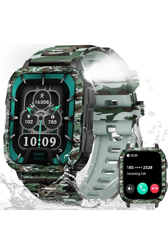 KT79 Smart Watch for Men with 1.96" Big Screen LED Flashlight/UV Light 3ATM Waterproof Rugged Smartwatch with Text and Call for iOS Android, 1pc