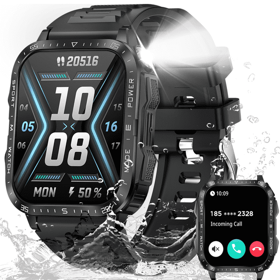 XAXRE KT79 Smart Watch for Men with 1.96" Big Screen LED Flashlight/UV Light 3ATM Waterproof Rugged Smartwatch with Text and Call for iOS Android, 1pc