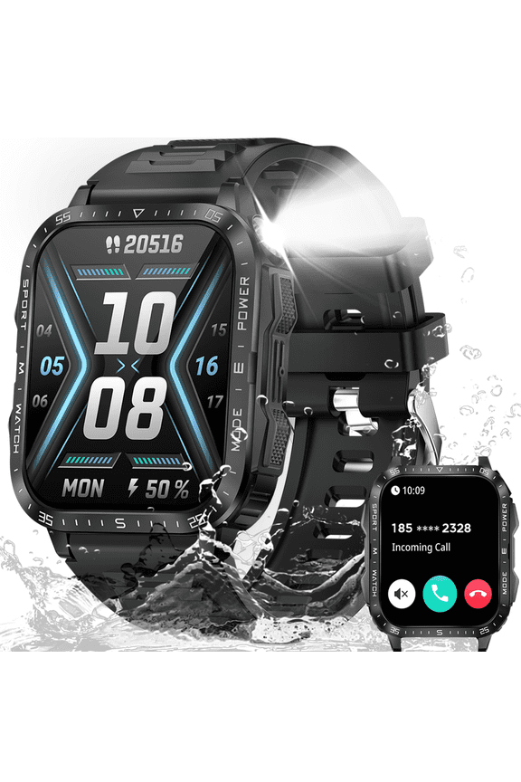 KT79 Smart Watch for Men with 1.96" Big Screen LED Flashlight/UV Light 3ATM Waterproof Rugged Smartwatch with Text and Call for iOS Android, 1pc