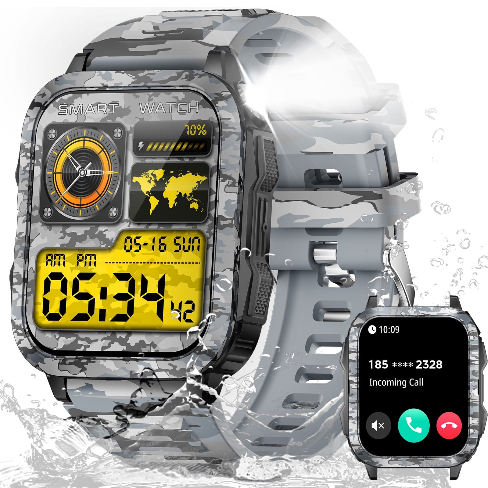 XAXRE KT79 Smart Watch for Men with 1.96" Big Screen LED Flashlight/UV Light 3ATM Waterproof Rugged Smartwatch with Text and Call for iOS Android, 1pc