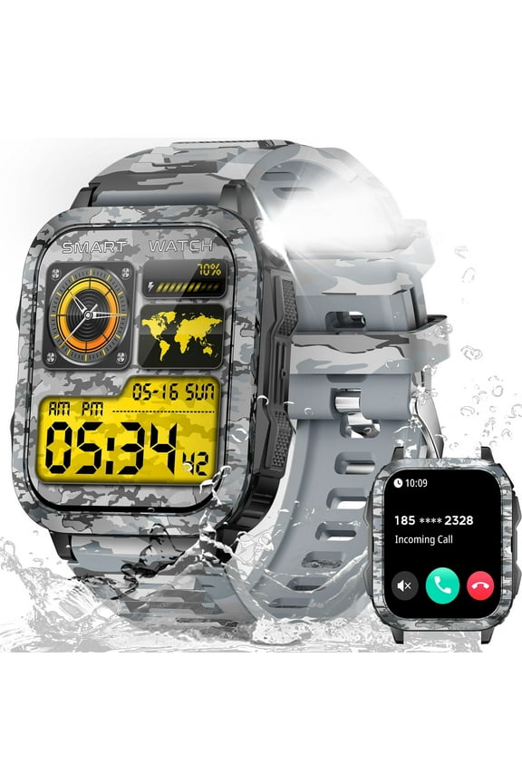 KT79 Smart Watch for Men with 1.96" Big Screen LED Flashlight/UV Light 3ATM Waterproof Rugged Smartwatch with Text and Call for iOS Android, 1pc