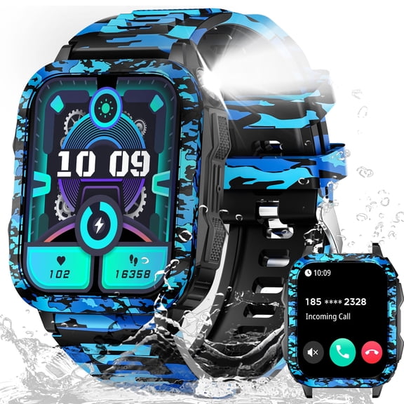 XAXRE KT79 Smart Watch for Men with 1.96" Big Screen LED Flashlight/UV Light 3ATM Waterproof Rugged Smartwatch with Text and Call for iOS Android, 1pc