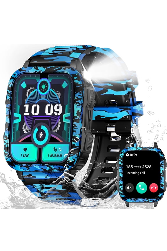 KT79 Smart Watch for Men with 1.96" Big Screen LED Flashlight/UV Light 3ATM Waterproof Rugged Smartwatch with Text and Call for iOS Android, 1pc
