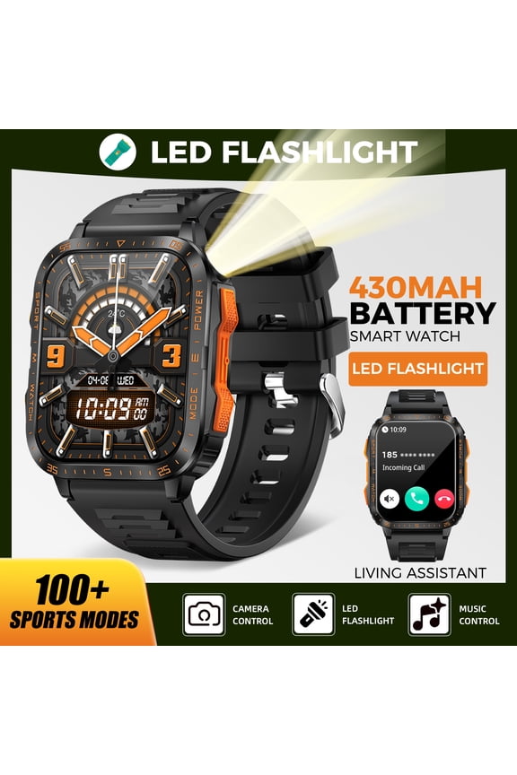 KT79 Smart Watch for Men with LED Flashlight 1.96’’ Big Screen Smartwatch 3ATM Waterproof Watch with 430mAh Watch with Make Calls Compatible with iOS Android, 1pc