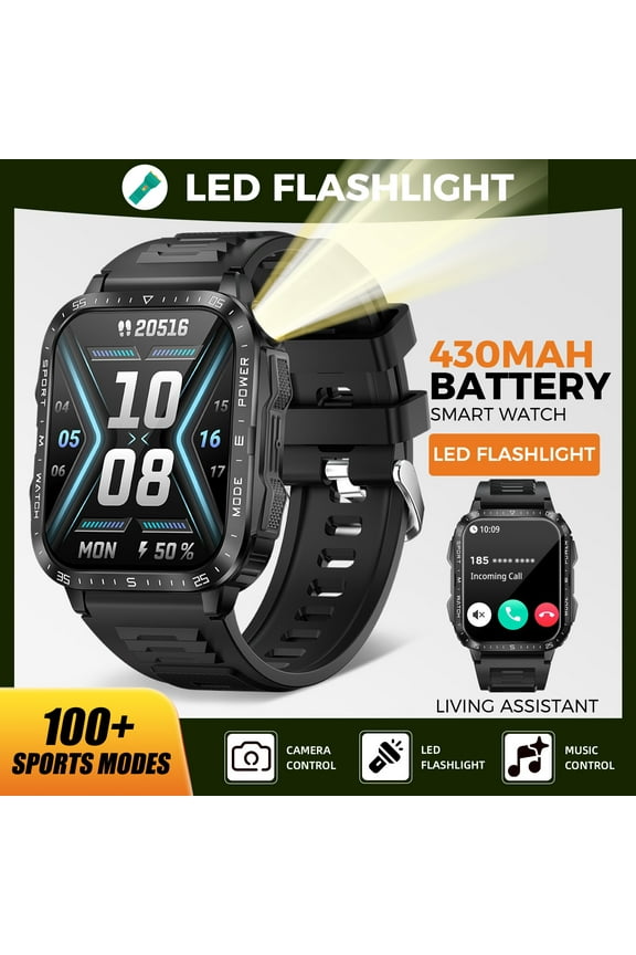 KT79 Smart Watch for Men with LED Flashlight 1.96’’ Big Screen Smartwatch 3ATM Waterproof Watch with 430mAh Watch with Make Calls Compatible with iOS Android, 1pc