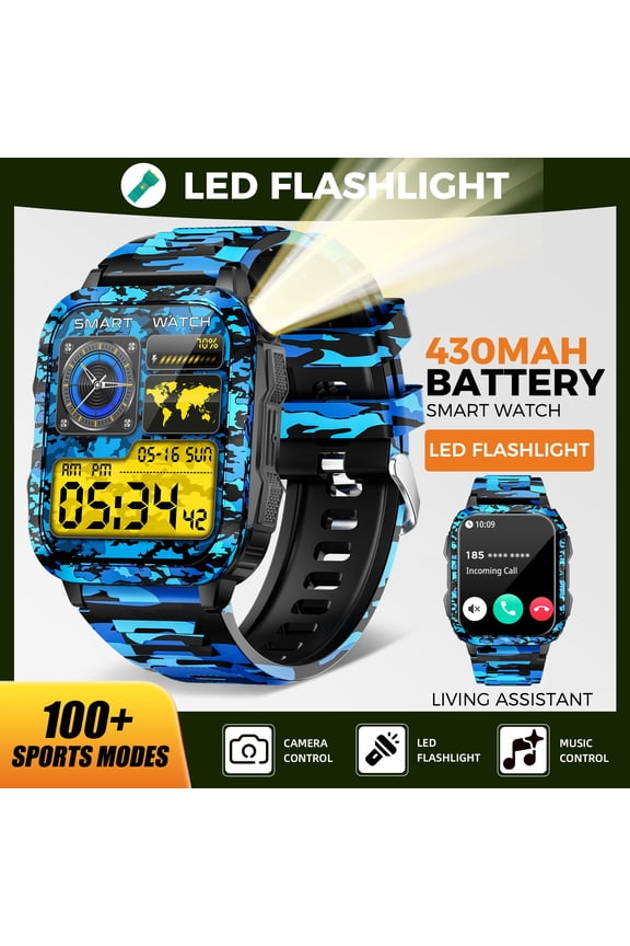 KT79 Smart Watch for Men with LED Flashlight 1.96’’ Big Screen Smartwatch 3ATM Waterproof Watch with 430mAh Watch with Make Calls Compatible with iOS Android, 1pc