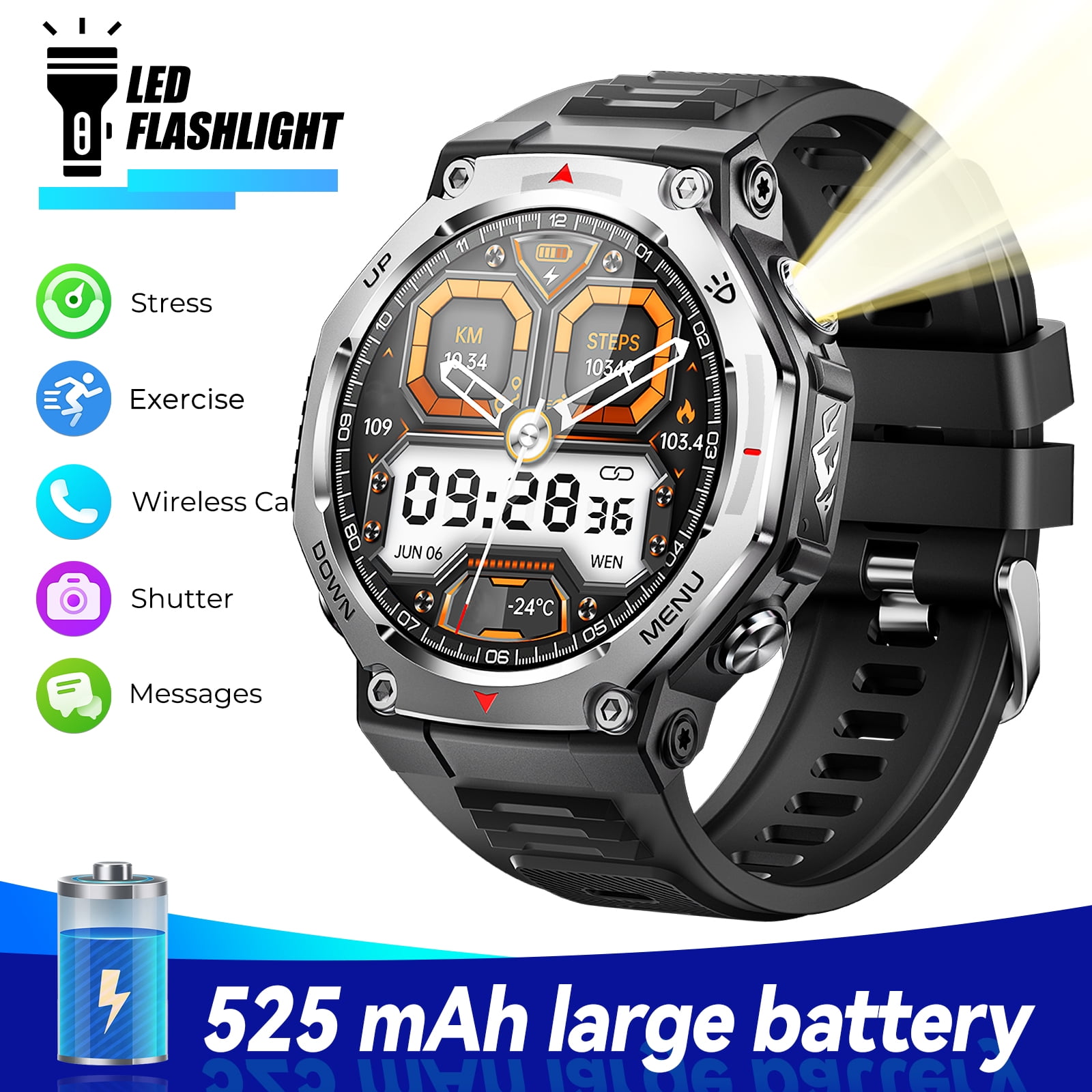 XAXRE KT85 Smart Watches for Man with Wireless Calling, 1.43’’ AMOLED Screen Watch with Flashlight, 5ATM Waterproof Smart Watch Compatible with iOS & Android, 1pc, Black