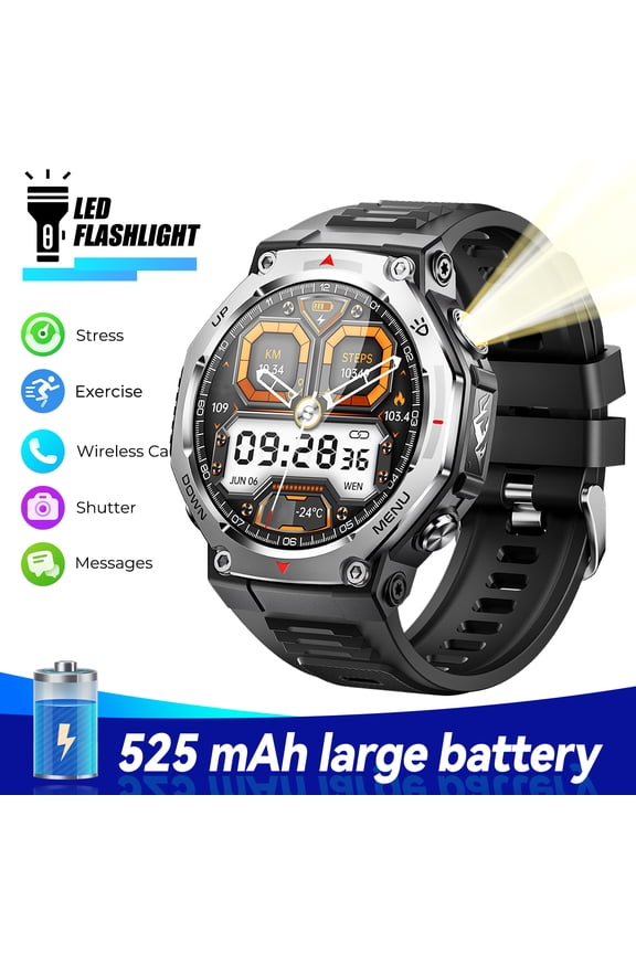 KT85 Smart Watches for Man with Wireless Calling, 1.43’’ AMOLED Screen Watch with Flashlight, 5ATM Waterproof Smart Watch Compatible with iOS & Android, 1pc, Black